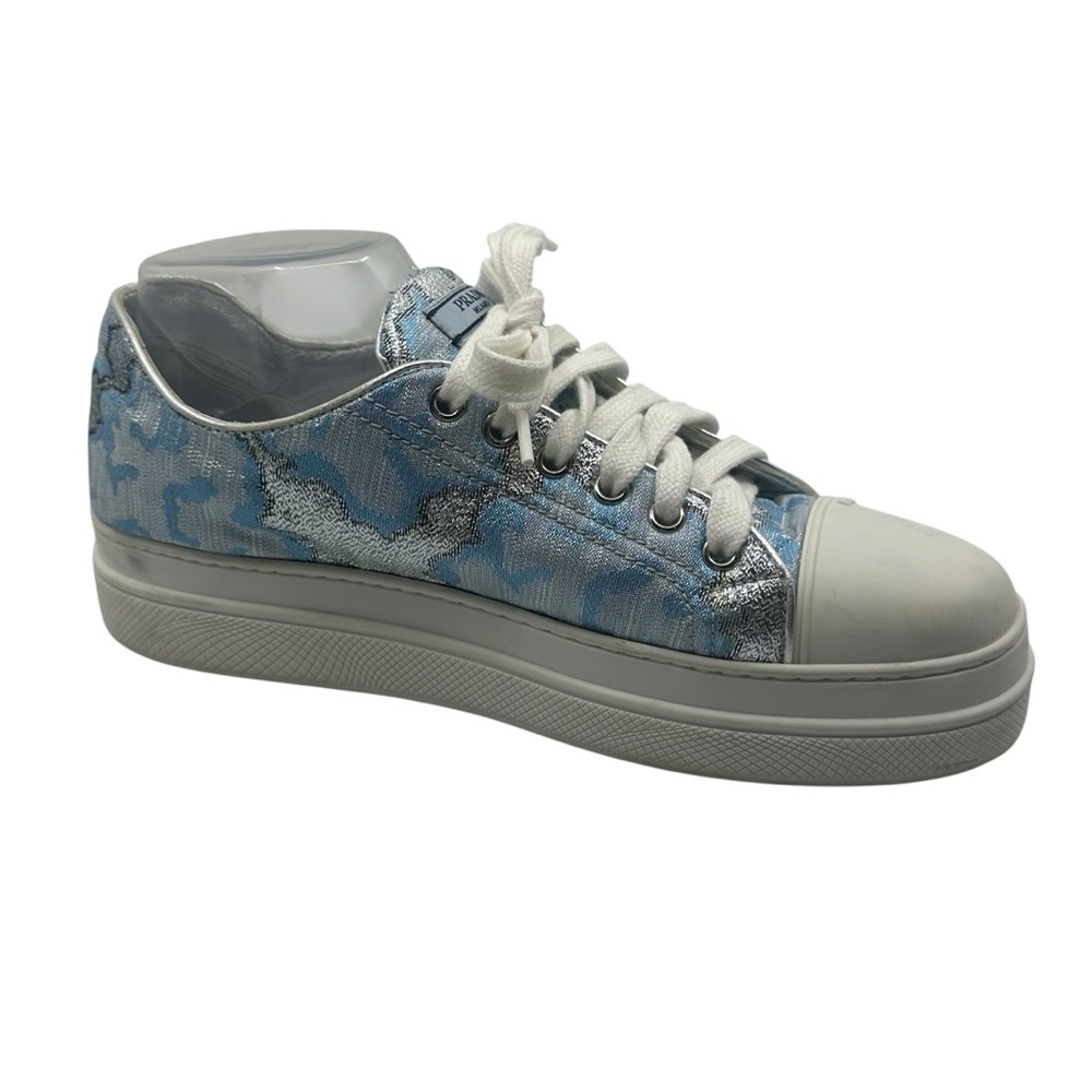 Prada 39 Platform Sneaker Metallic Jacquard Fabric Double Sole Amputee Left Only - Picture 12 of 12